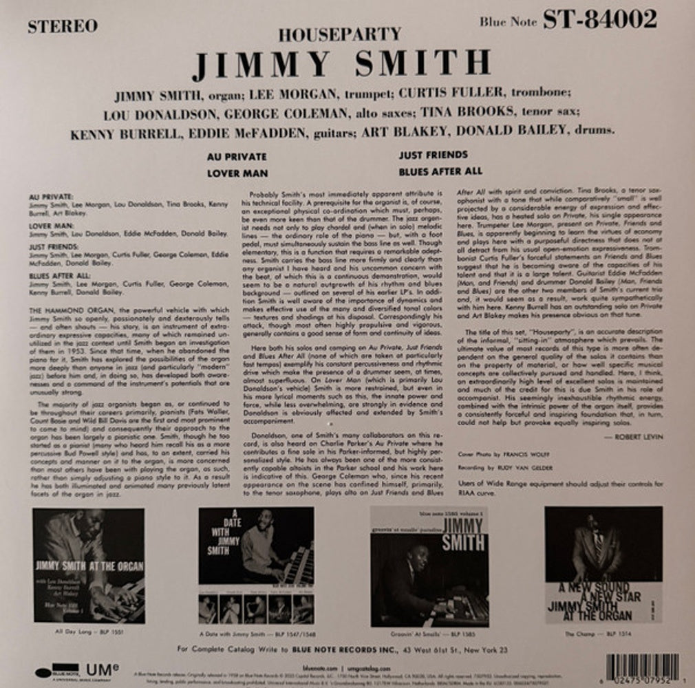 Back Cover: Jimmy Smith – House Party (Blue Note Classic Vinyl Edition) Vinyl LP | Relix