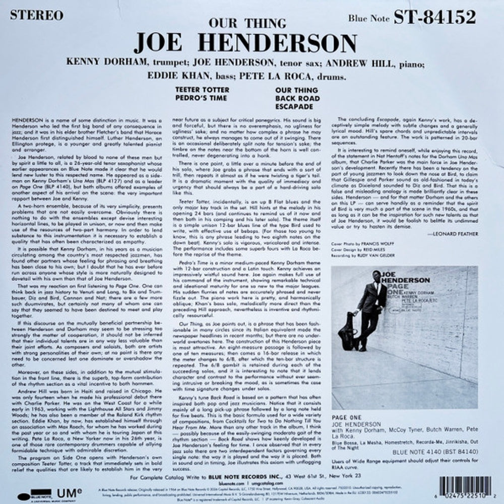 Back Cover: Joe Henderson – Our Thing (Blue Note Classic Vinyl Edition, 180 Gram) Vinyl LP | Relix