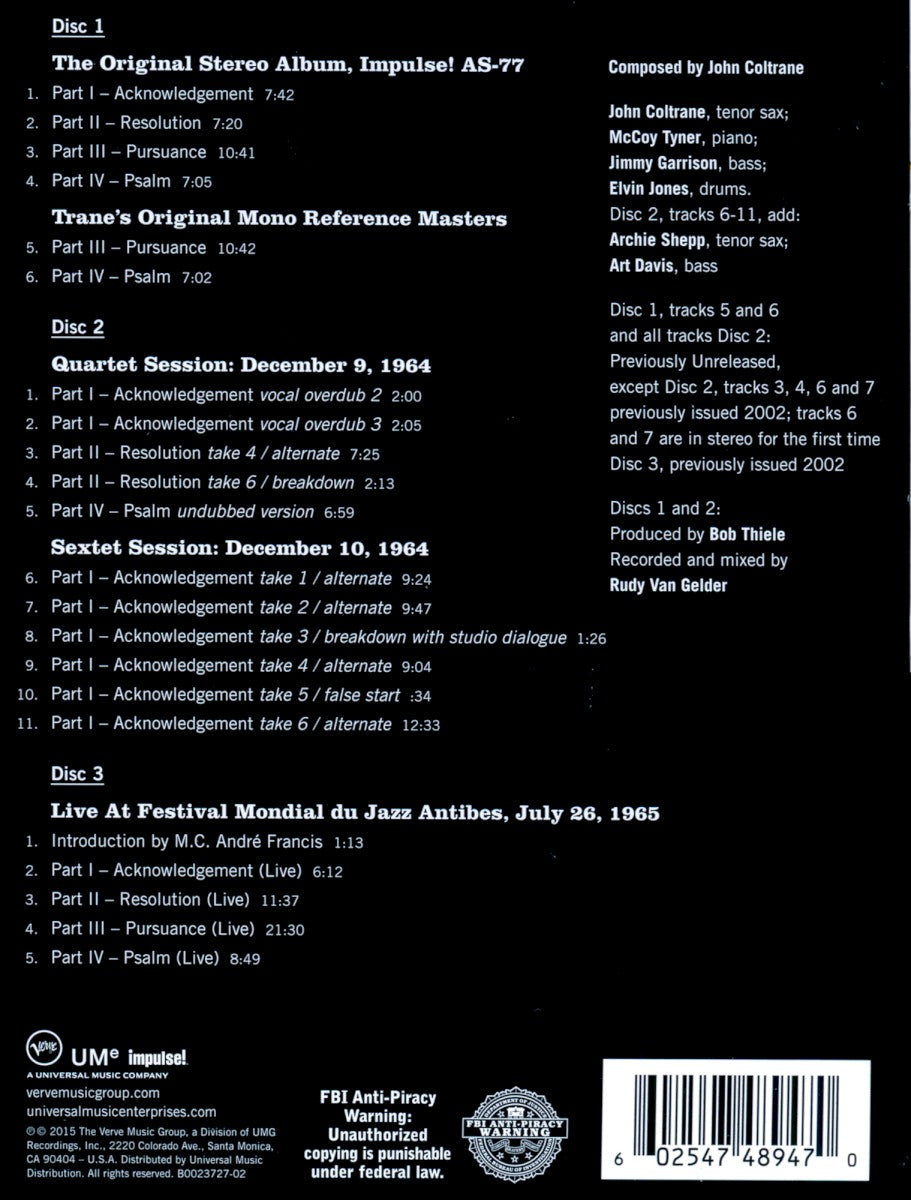 Back Cover: John Coltrane – A Love Supreme: The Complete Masters Vinyl LP | Relix