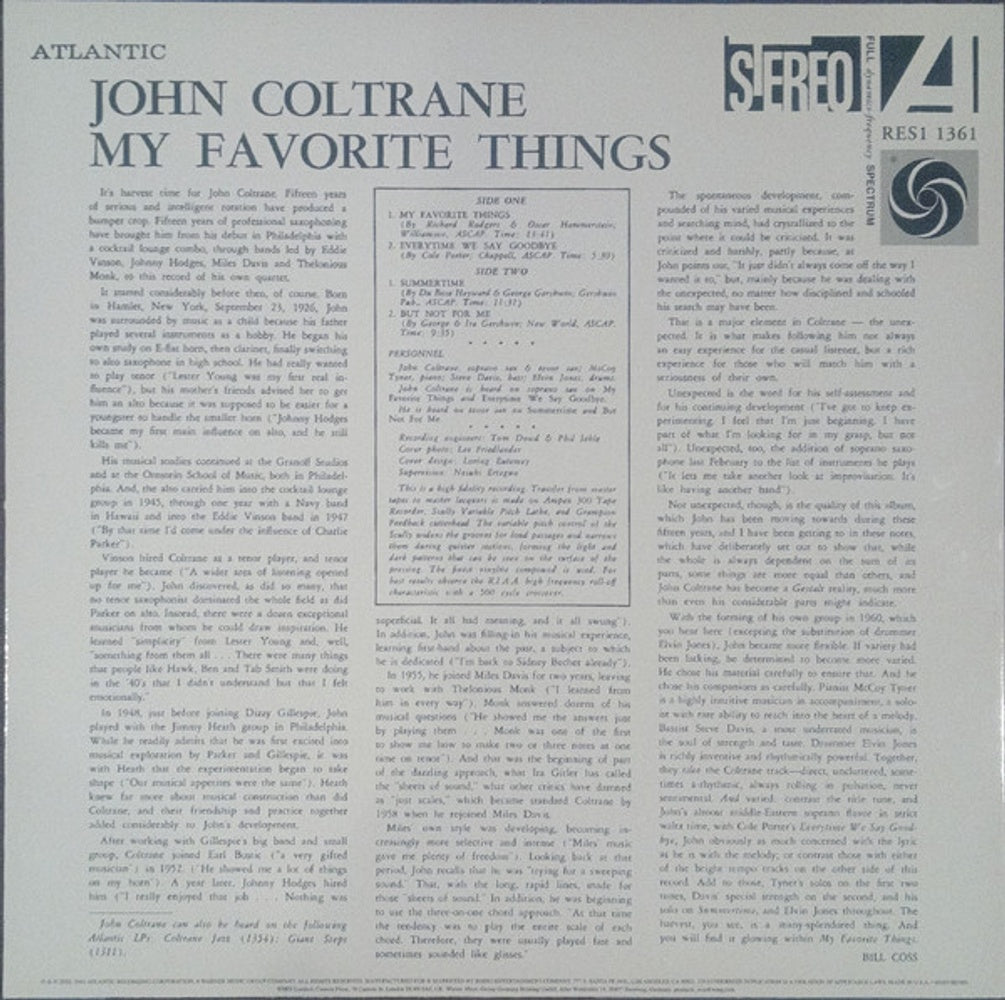 Back Cover: John Coltrane – My Favorite Things (Rhino Reserve LP Vinyl) Vinyl LP | Relix