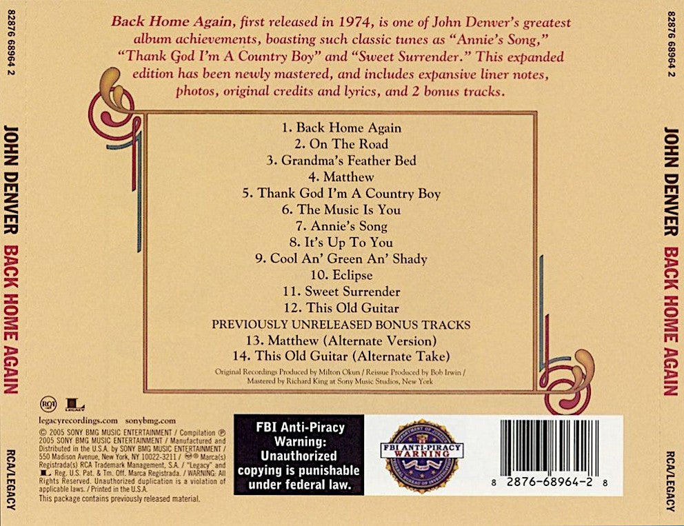 Back Cover: John Denver – Back Home Again Vinyl LP | Relix