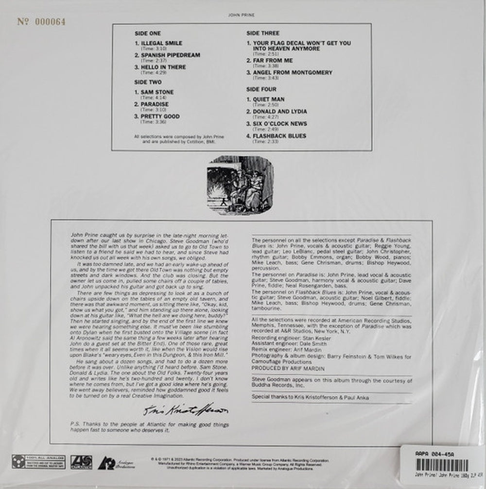 Back Cover: John Prine – John Prine (Gate, 180 Gram LP Vinyl) Vinyl LP | Relix