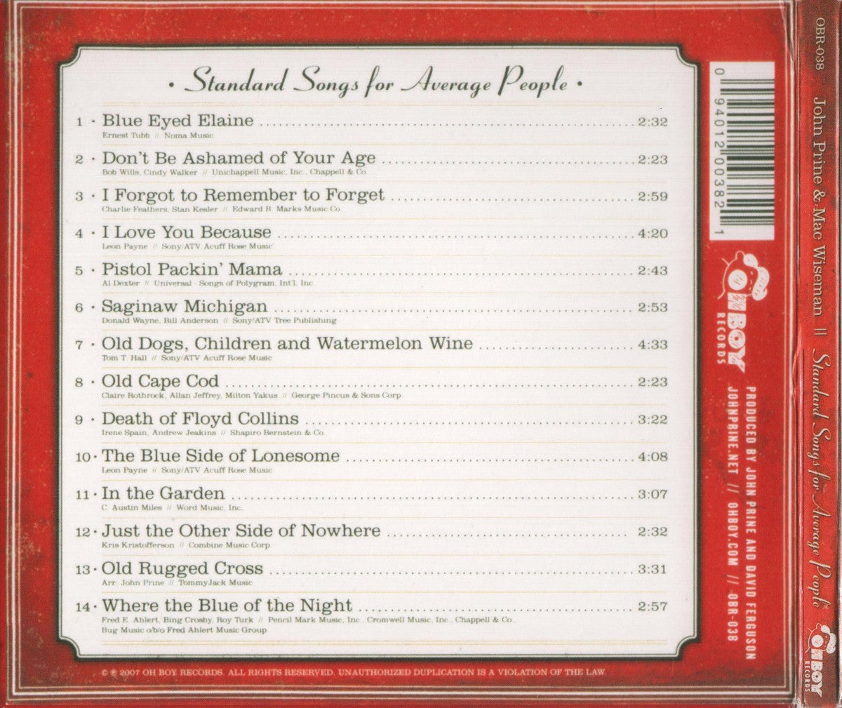 Back Cover: John Prine & Mac Wiseman – Standard Songs for Average People CD | Relix