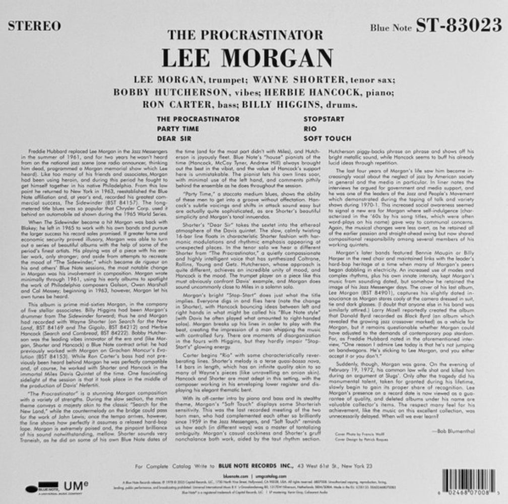 Back Cover: Lee Morgan – Procrastinator (Blue Note Classic Vinyl Edition) Vinyl LP | Relix