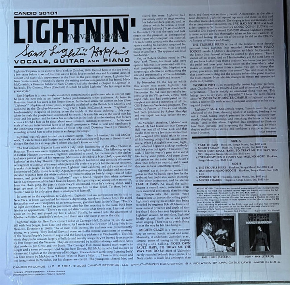 Back Cover: Lightnin' Hopkins – Lightnin' In New York (180 Gram LP Vinyl) Vinyl LP | Relix