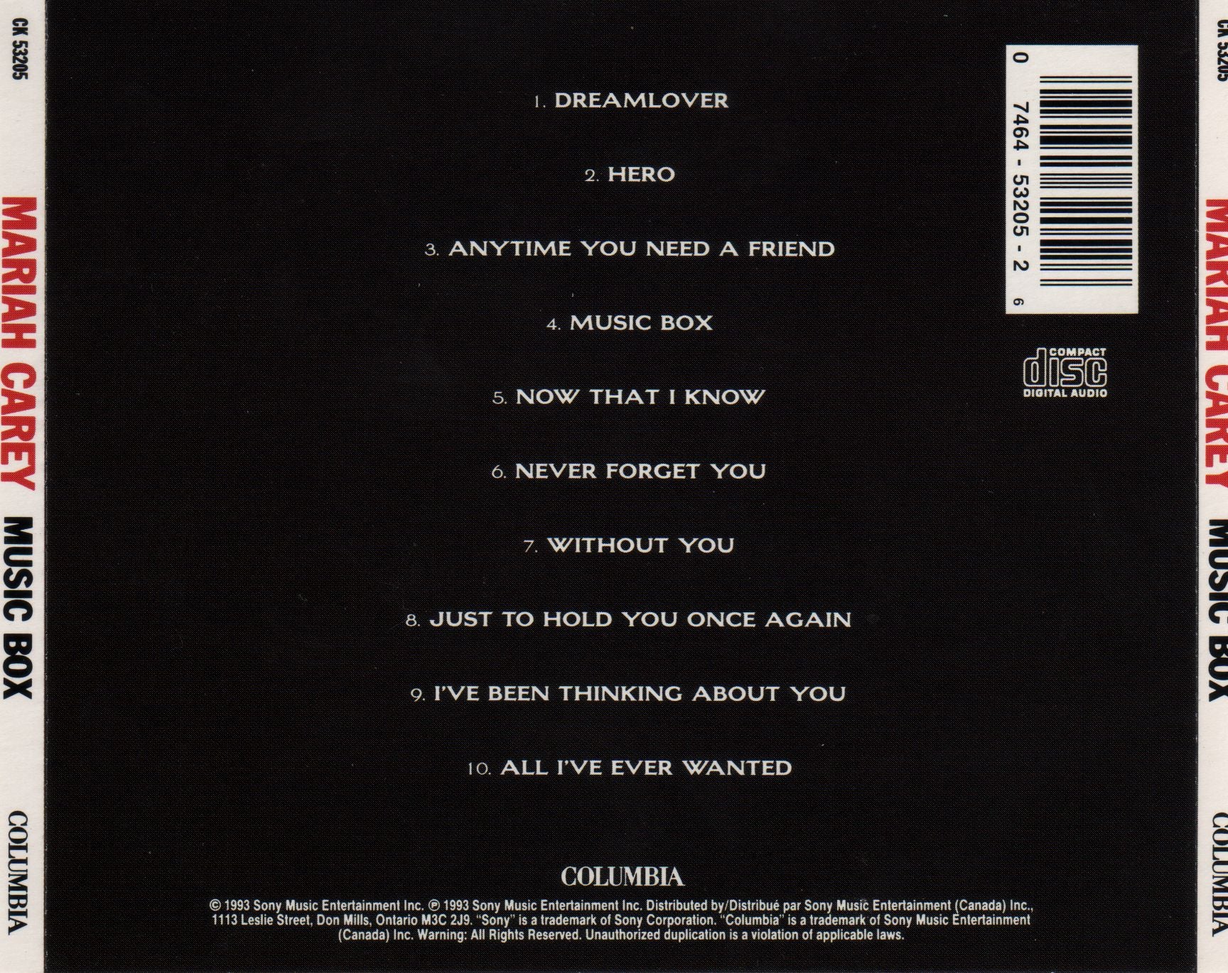 Back Cover: Mariah Carey – Music Box Vinyl LP | Relix