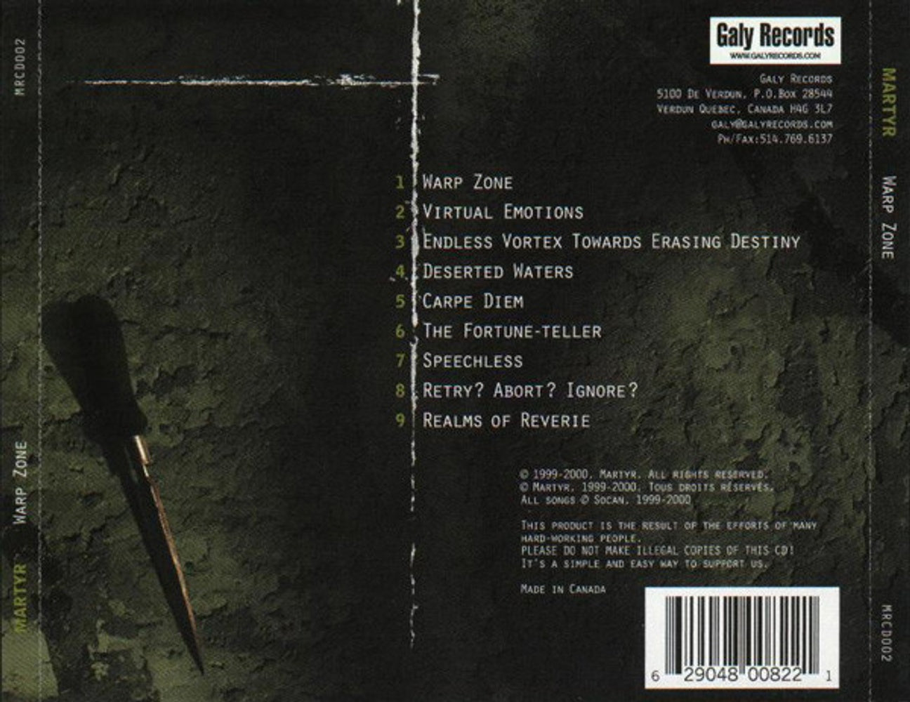 Back Cover: Martyr – Warp Zone CD | Relix
