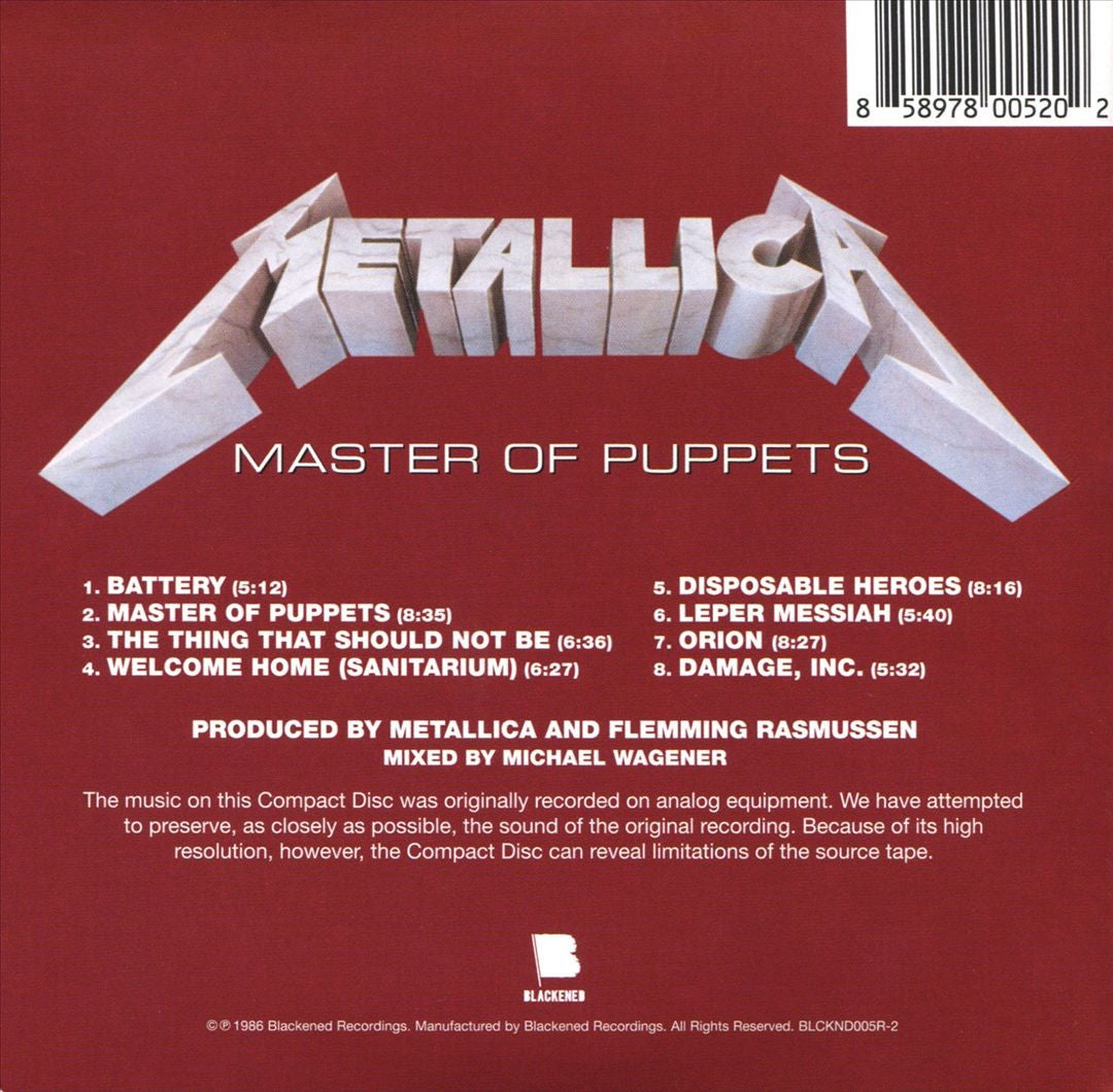 Back Cover: Metallica – Master Of Puppets (remastered CD) CD | Relix