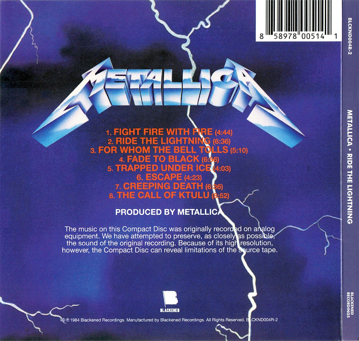 Back Cover: Metallica – Ride the Lightning CD | Relix