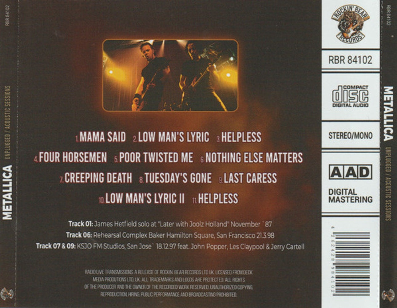 Back Cover: Metallica – Unplugged CD | Relix