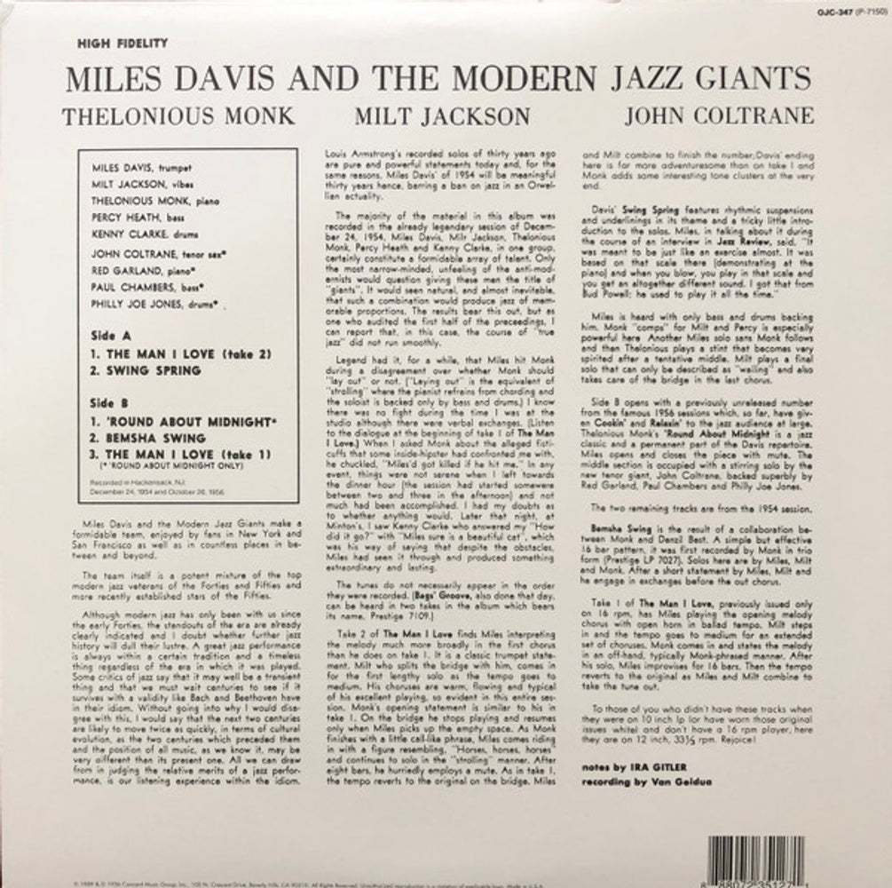Back Cover: Miles Davis – Miles Davis & The Modern Jazz Giants Vinyl LP | Relix