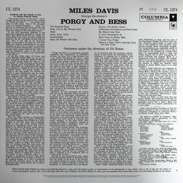 Back Cover: Miles Davis – Porgy and Bess (Mono LP Vinyl) Vinyl LP | Relix