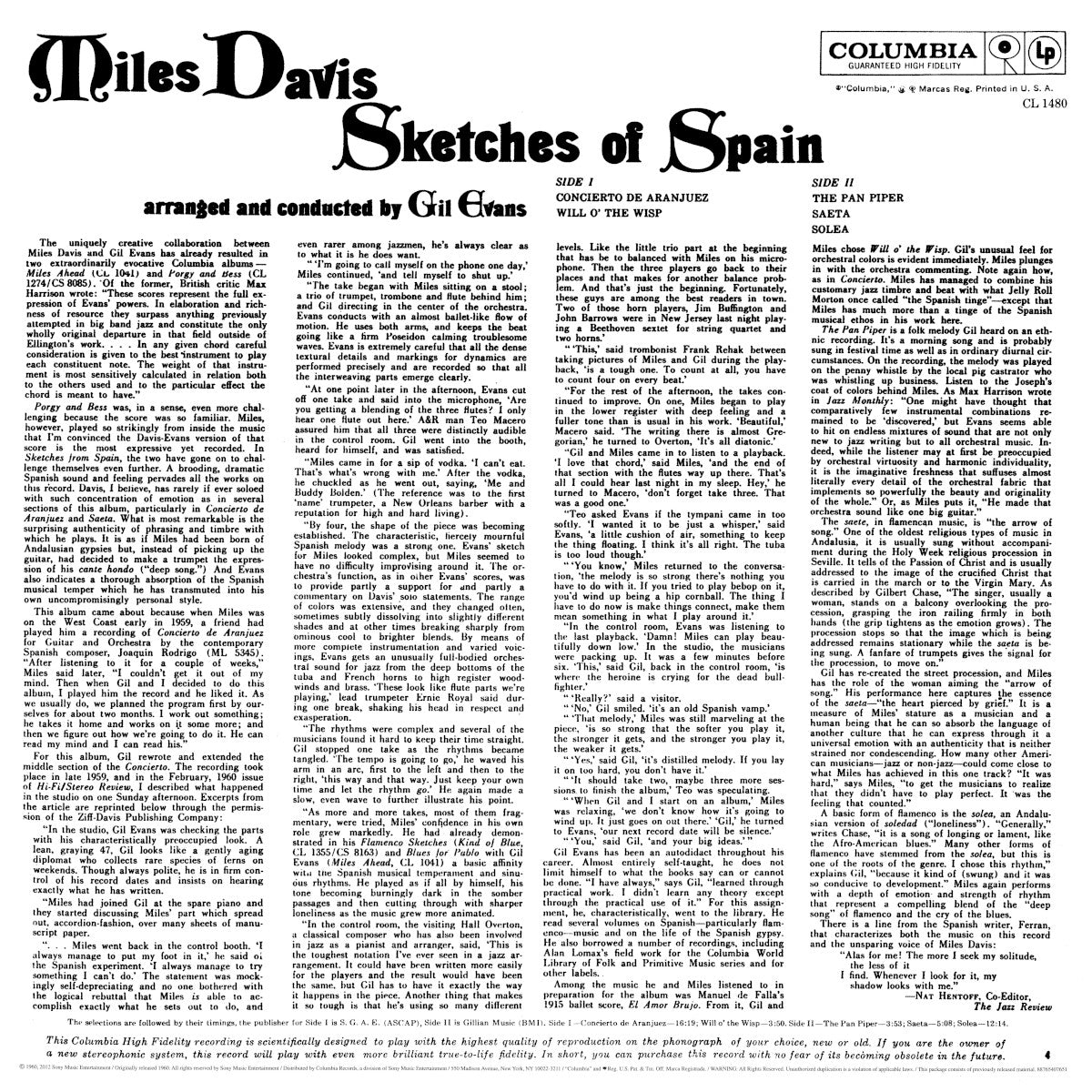 Back Cover: Miles Davis – Sketches Of Spain (Mono LP Vinyl) Vinyl LP | Relix