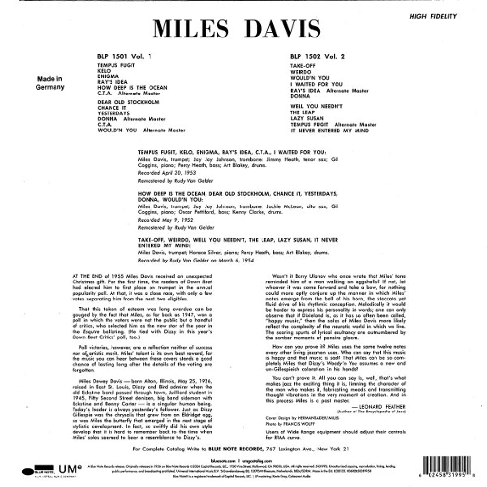 Back Cover: Miles Davis – Volume 2 (Blue Note Classic Vinyl Series) Vinyl LP | Relix