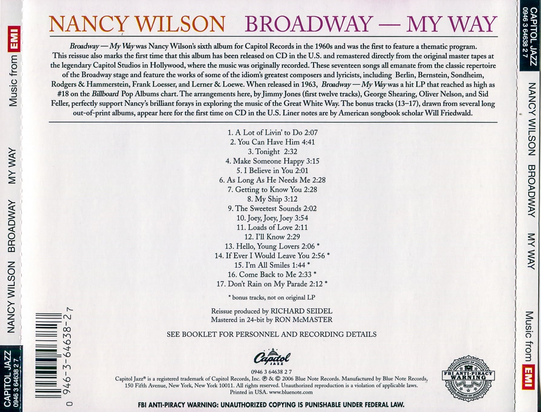Back Cover: Nancy Wilson – Broadway My Way (Remastered CD) CD | Relix