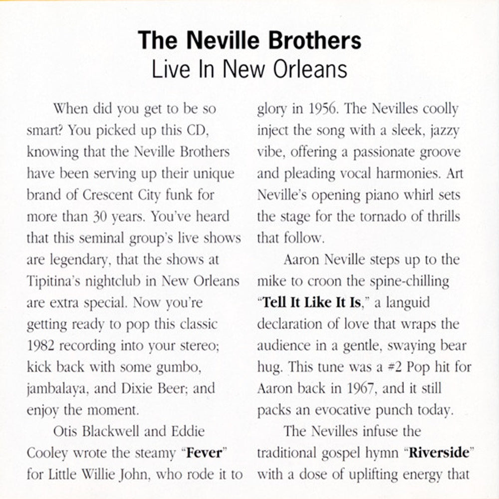 Back Cover: Neville Brothers – Live in New Orleans CD | Relix