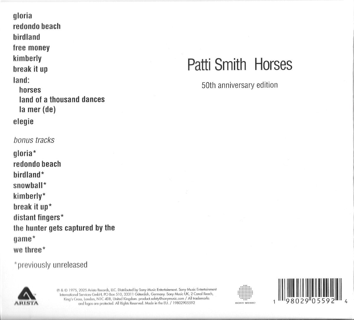 Back Cover: Patti Smith – Horses (50th Anniversary CD) CD | Relix