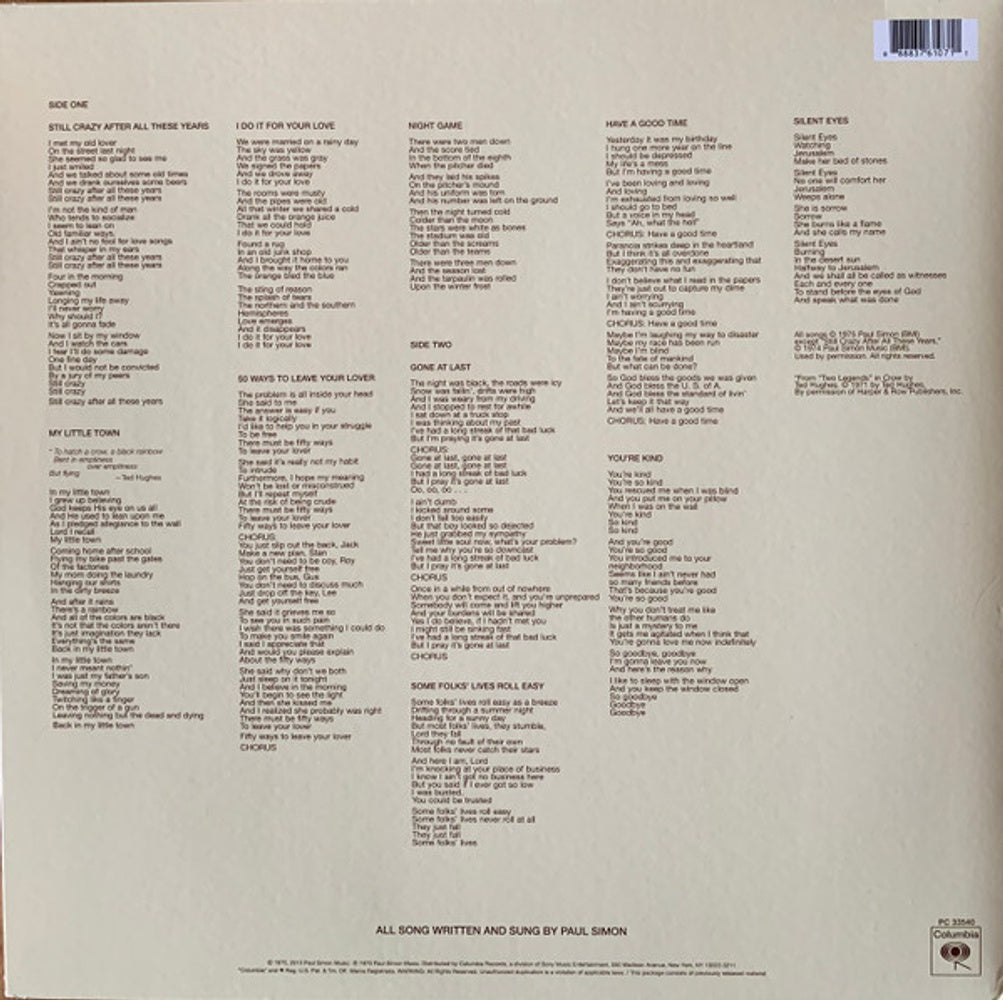 Back Cover: Paul Simon – Still Crazy After All These Years Vinyl LP | Relix