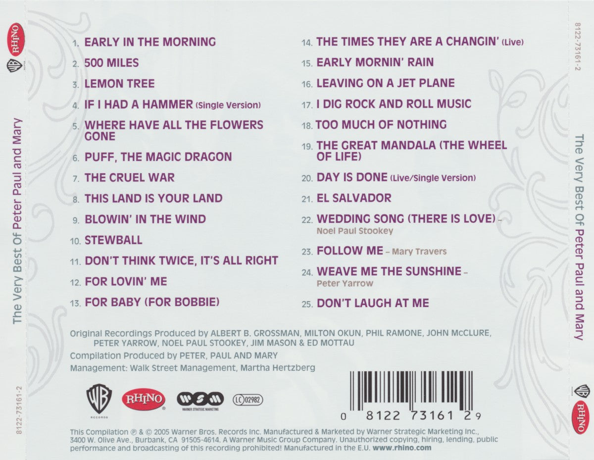 Back Cover: Peter, Paul & Mary – The Very Best Of Peter, Paul and Mary CD | Relix