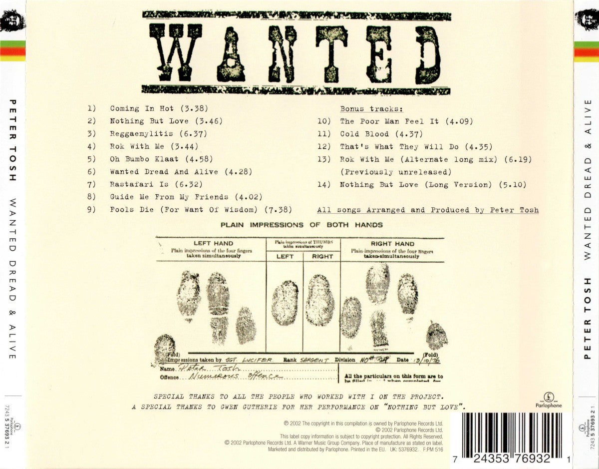Back Cover: Peter Tosh – Wanted Dread And Alive Vinyl LP | Relix