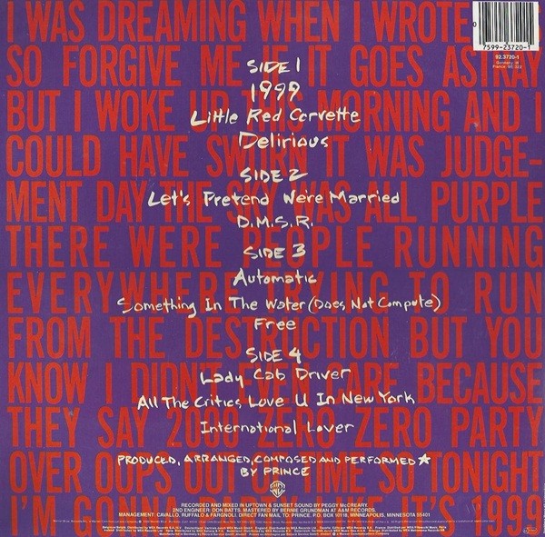 Back Cover: Prince – 1999 Vinyl LP | Relix