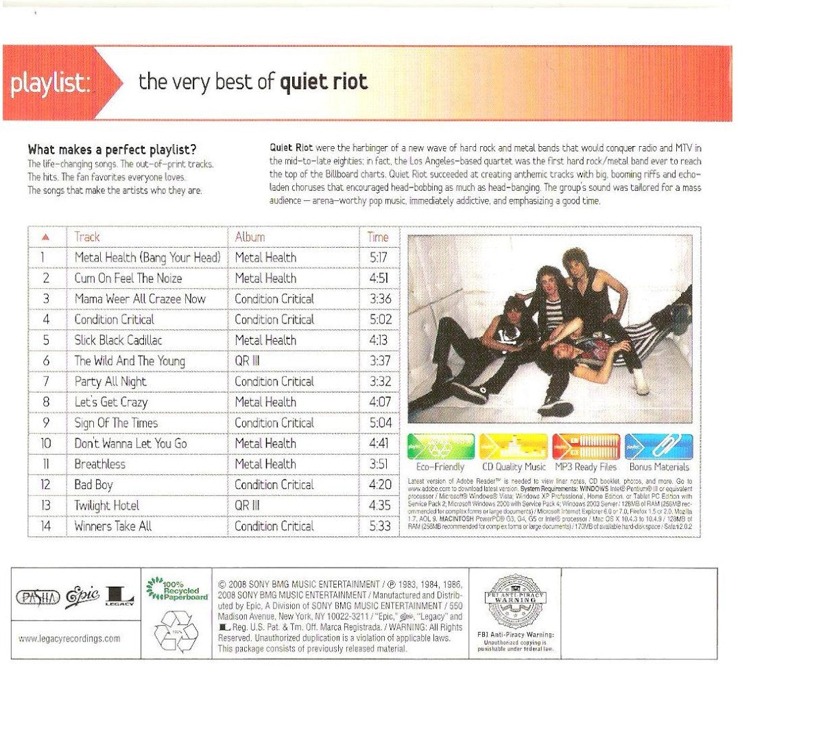 Back Cover: Quiet Riot – Playlist: The Very Best Of Quiet Riot CD | Relix