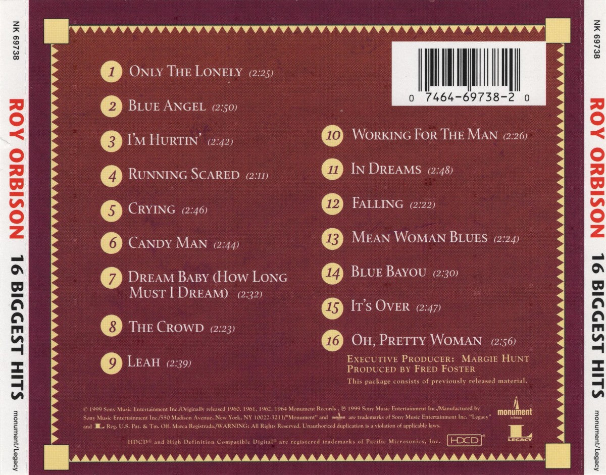 Back Cover: Roy Orbison – 16 Biggest Hits CD | Relix