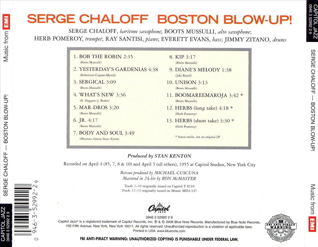 Back Cover: Serge Chaloff – Boston Blow Up CD | Relix