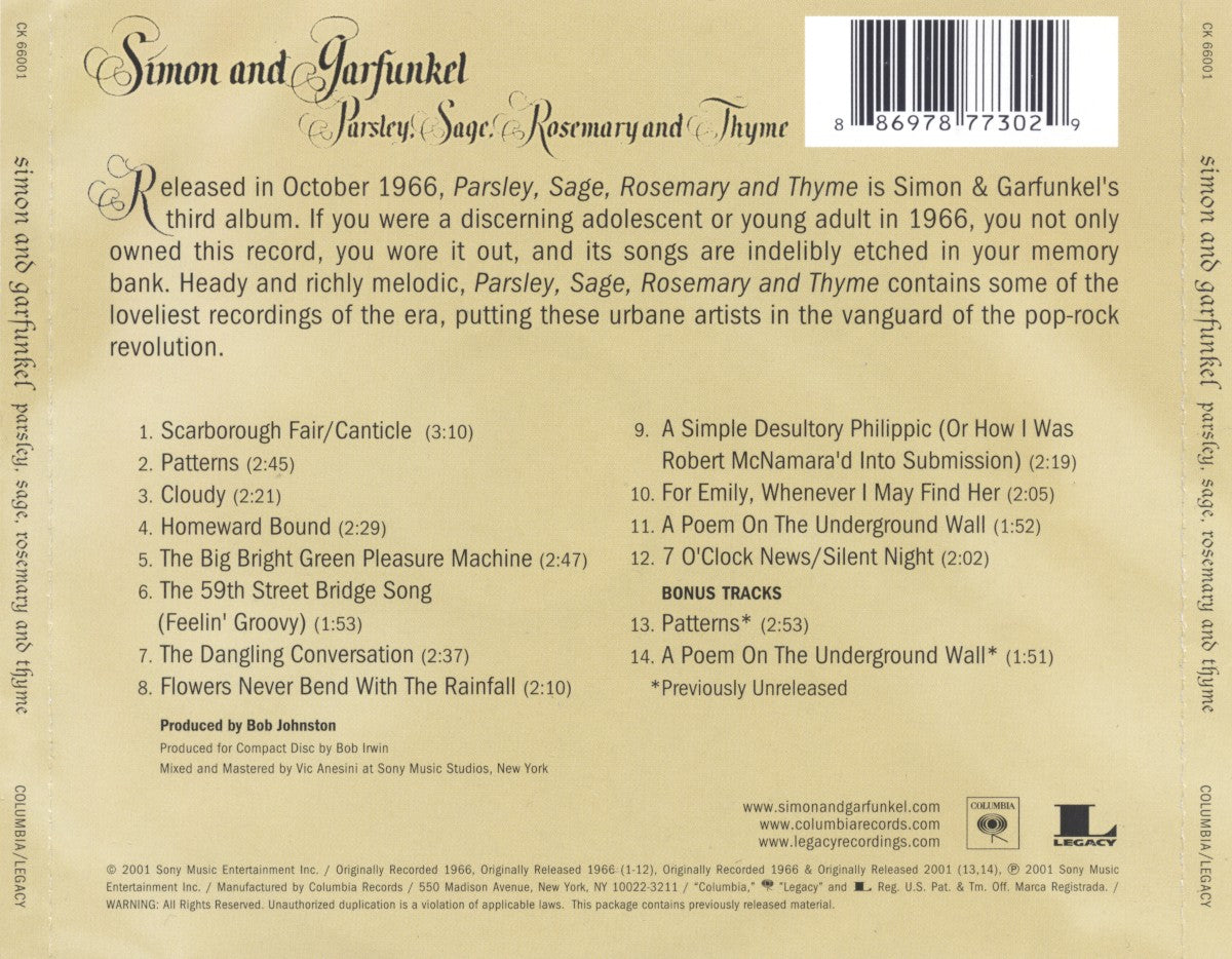 Back Cover: Simon & Garfunkel – Parsley, Sage, Rosemary and Thyme CD | Relix