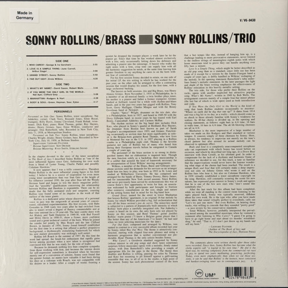 Back Cover: Sonny Rollins – Brass/Trio (Verve Vault Series, 180 Gram LP Vinyl) Vinyl LP | Relix