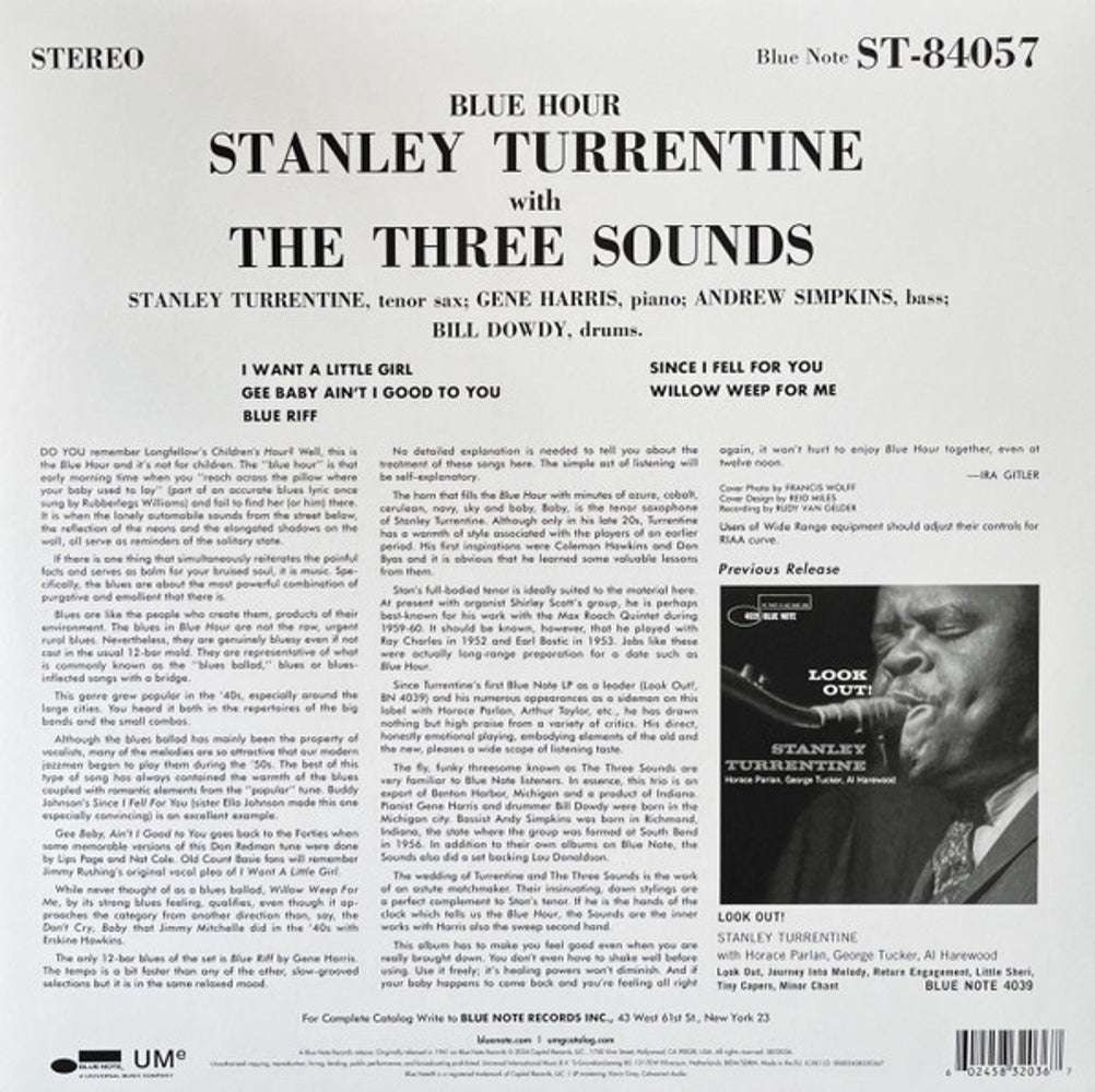 Back Cover: Stanley Turrentine  / Three Sounds – Blue Hour (Blue Note Classic Vinyl Series) Vinyl LP | Relix