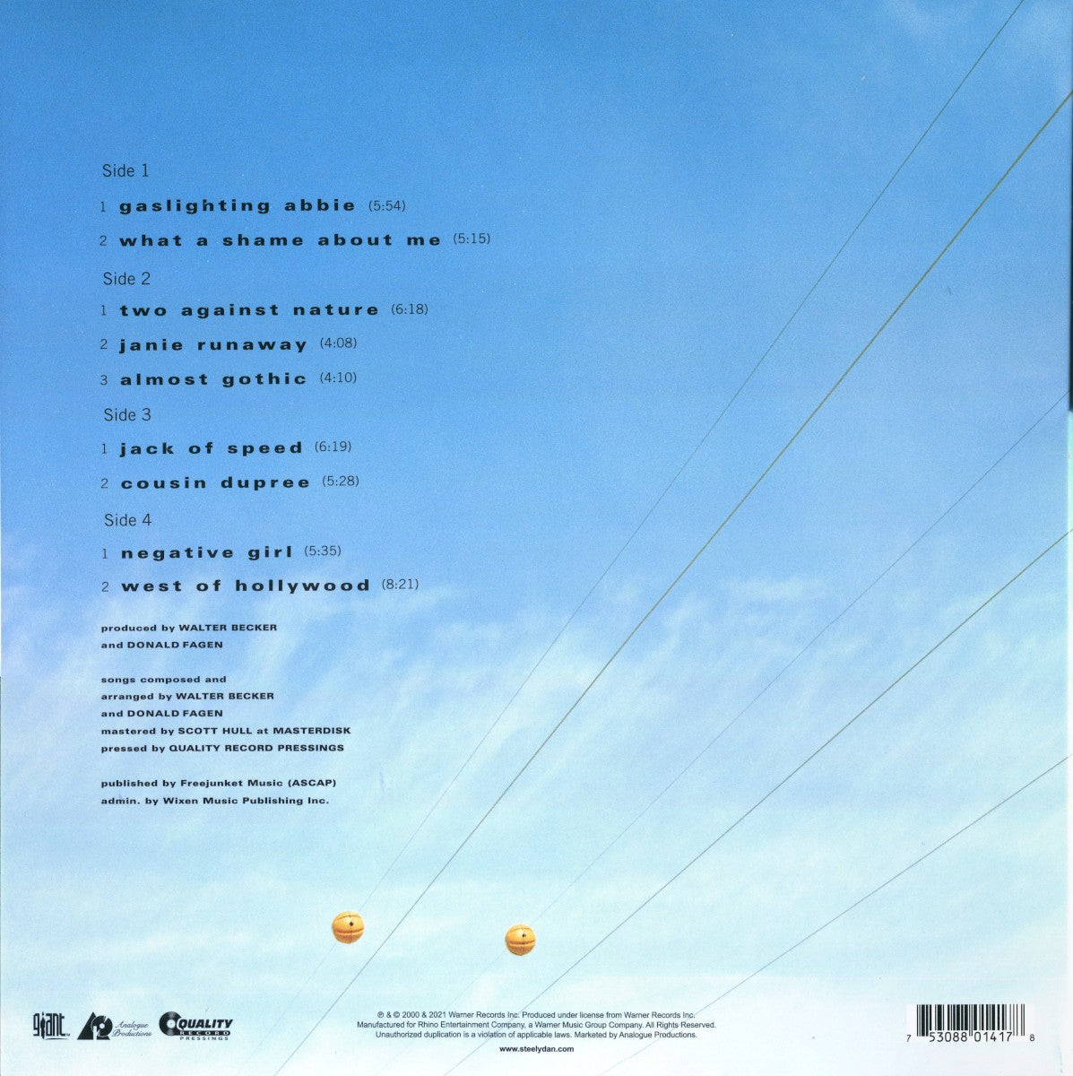 Back Cover: Steely Dan – Two Against Nature (180 Gram LP Vinyl) Vinyl LP | Relix