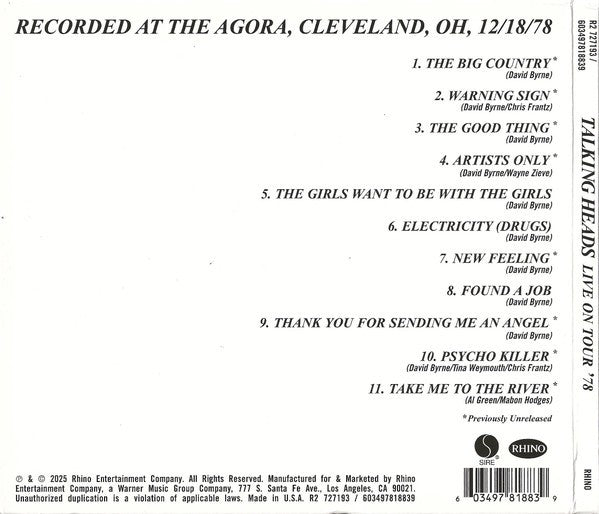 Back Cover: Talking Heads – Live On Tour '78 CD | Relix