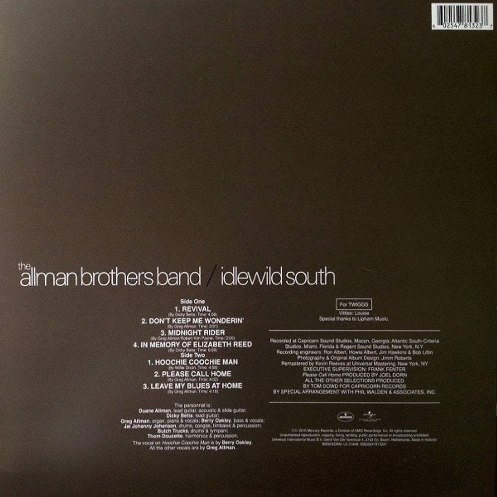 Back Cover: The Allman Brothers Band – Idlewild South (180 Gram LP Vinyl) Vinyl LP | Relix