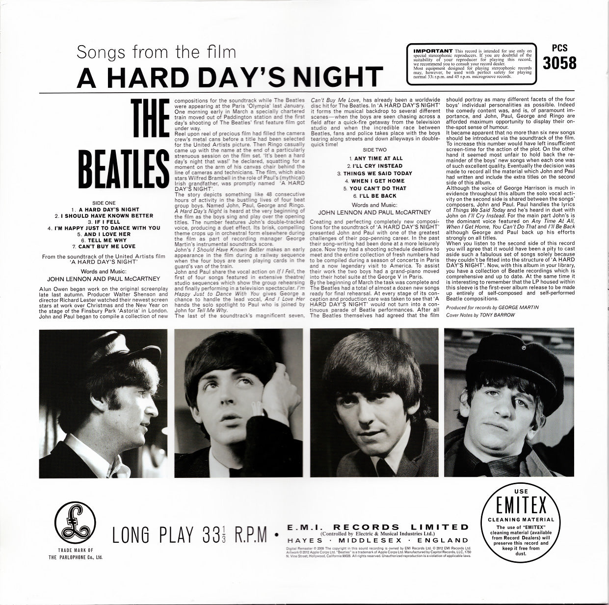 Back Cover: The Beatles – Hard Day's Night (Reissue, Remastered, 180 Gram LP Vinyl) Vinyl LP | Relix