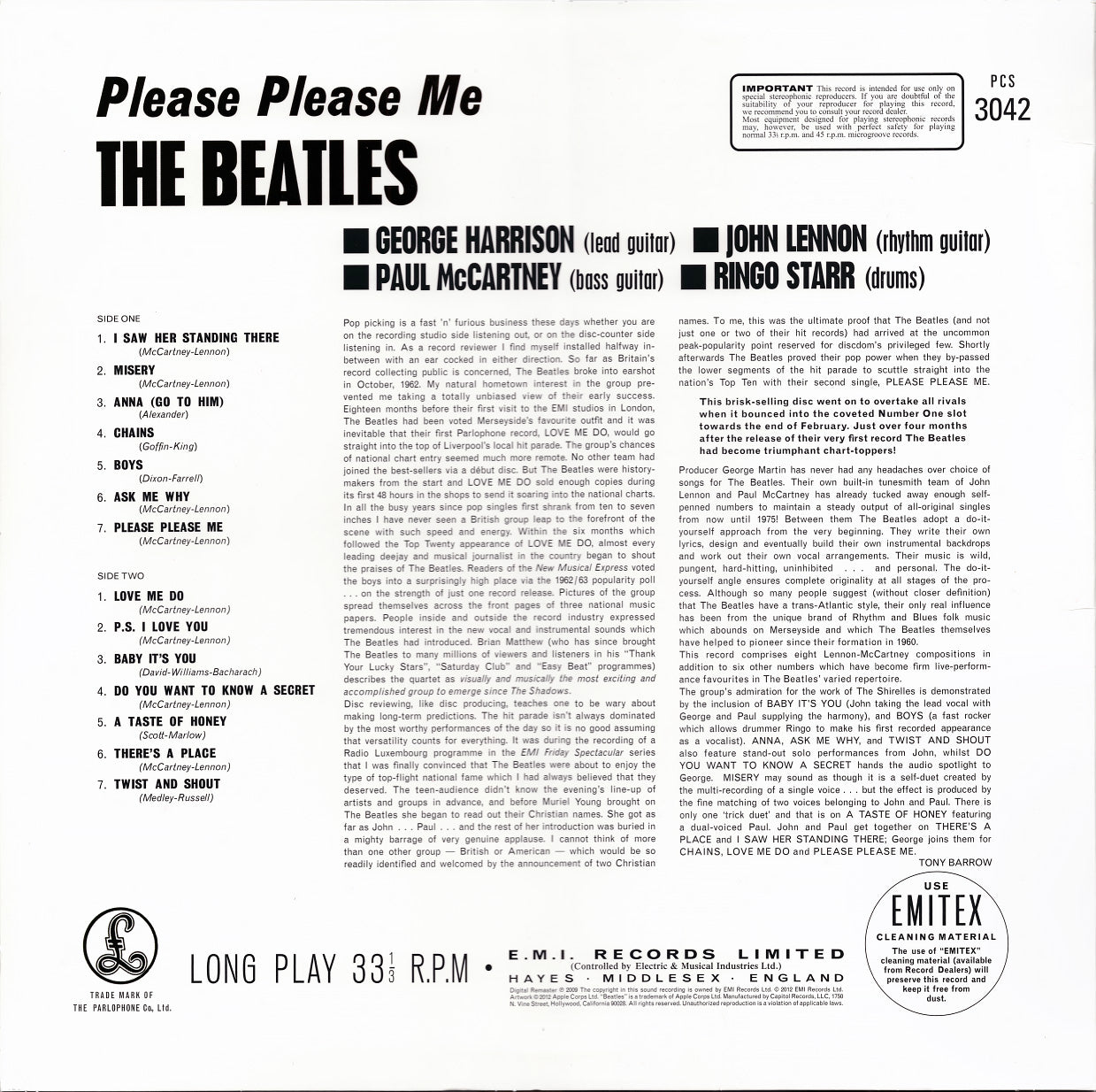 Back Cover: The Beatles – Please Please Me (Reissue, Remastered, 180 Gram LP Vinyl) Vinyl LP | Relix
