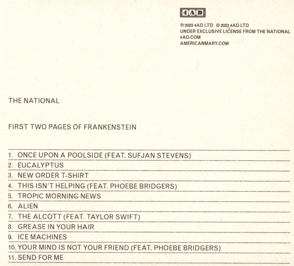 Back Cover: The National – First Two Pages of Frankenstein CD | Relix