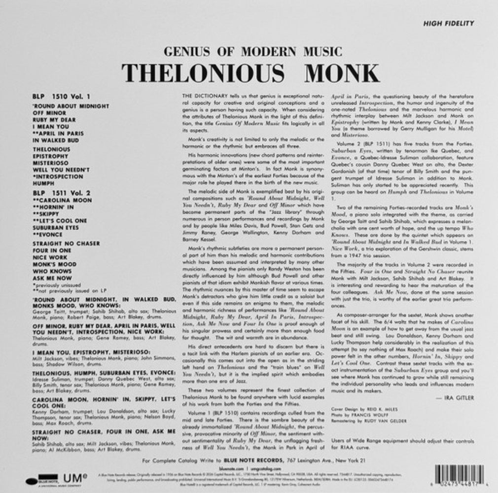 Back Cover: Thelonious Monk – Genius Of Modern Music Vol. 2 (180 Gram LP Vinyl) Vinyl LP | Relix