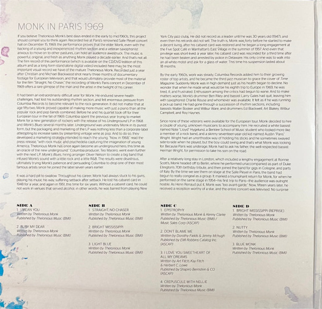 Back Cover: Thelonious Monk – Paris 1969 Vinyl LP | Relix