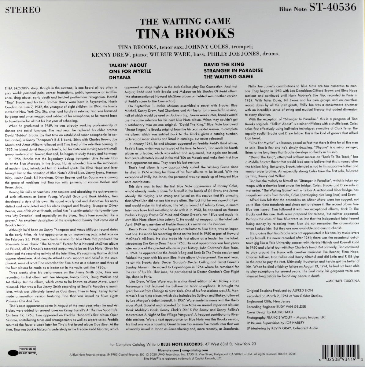 Back Cover: Tina Brooks – The Waiting Game (Blue Note Tone Poet Series LP Vinyl) Vinyl LP | Relix