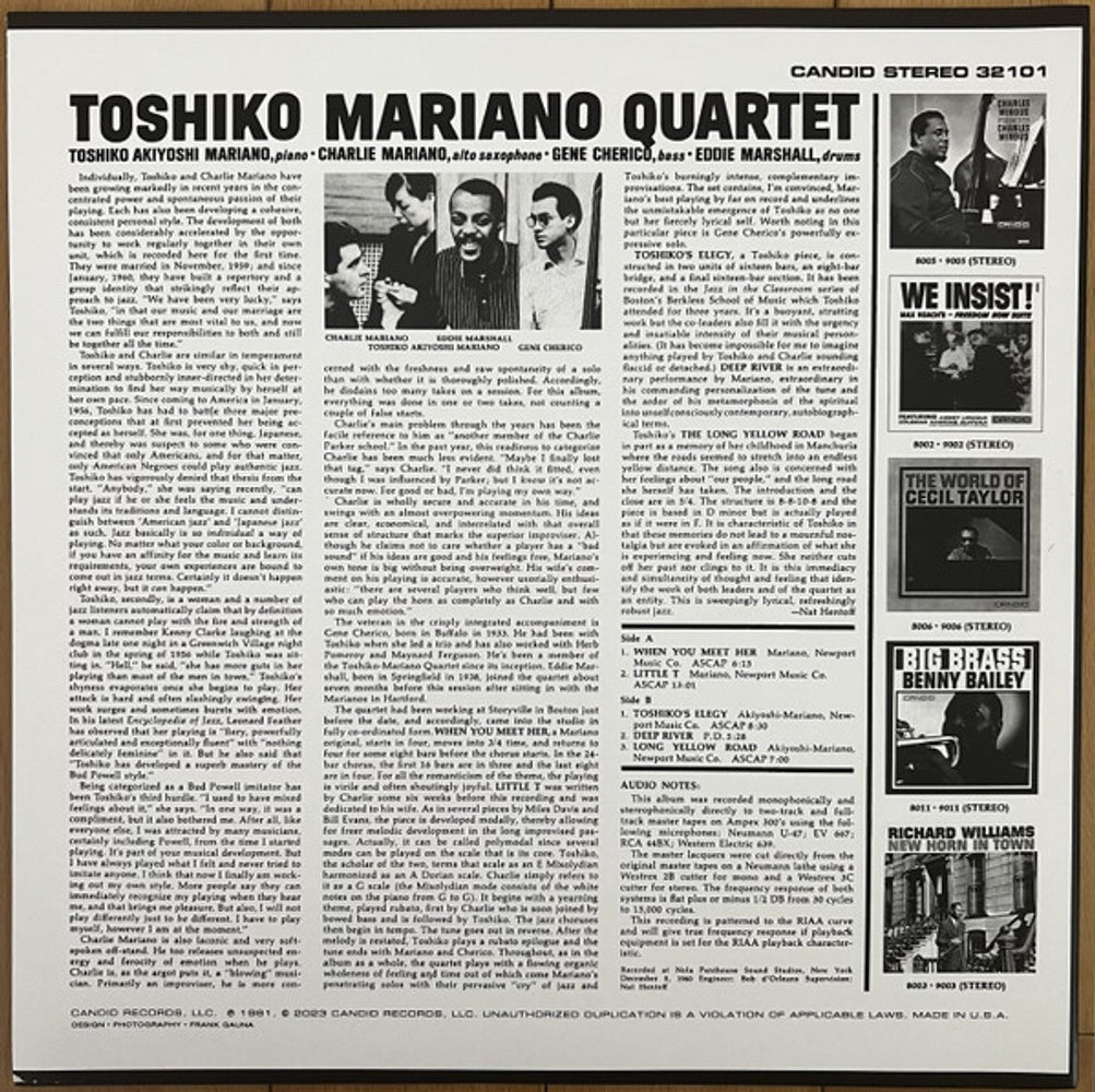 Back Cover: Toshiko Mariano – Toshiko Mariano Quartet (180 Gram, Remastered LP Vinyl) Vinyl LP | Relix