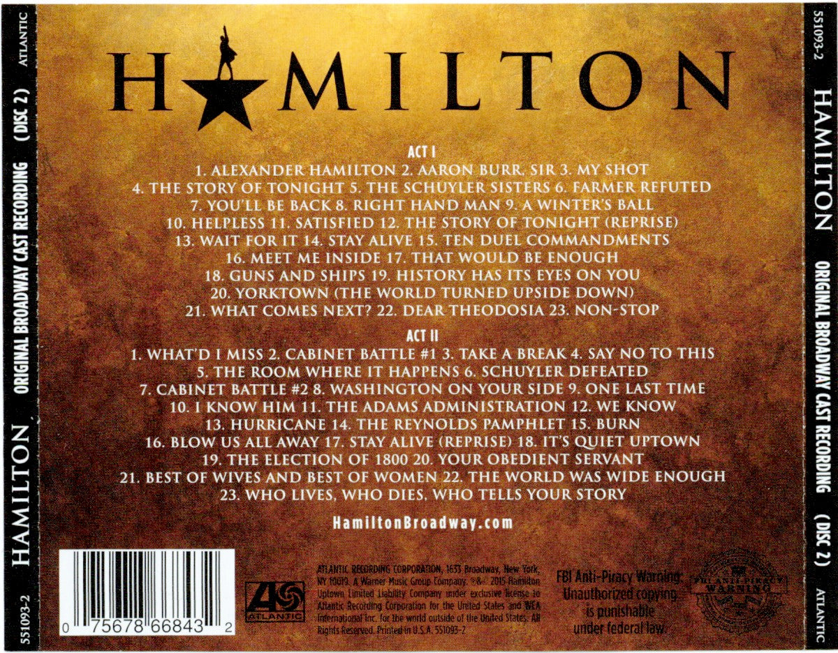 Back Cover: Various Artists – Hamilton (Original Broadway Cast Recording 2-CD) CD | Relix
