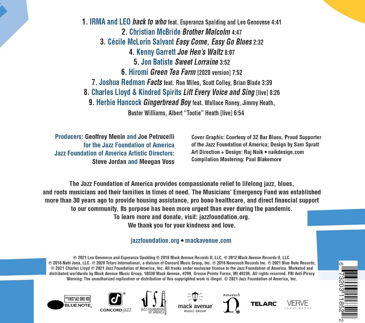 Back Cover: Various Artists – Relief - A Benefit for the Jazz Foundation of America's Musicians' Emergency Fund CD | Relix