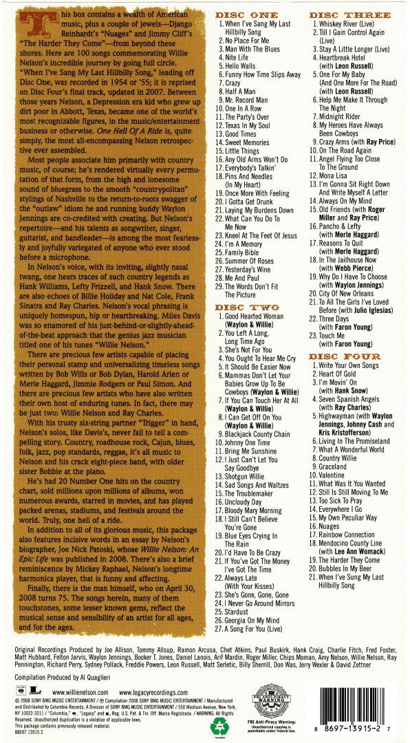 Back Cover: Willie Nelson – One Hell of a Ride (4-CD) CD | Relix