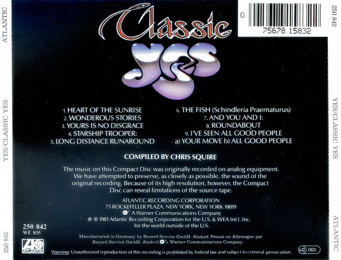 Back Cover: Yes – Classic Yes CD | Relix