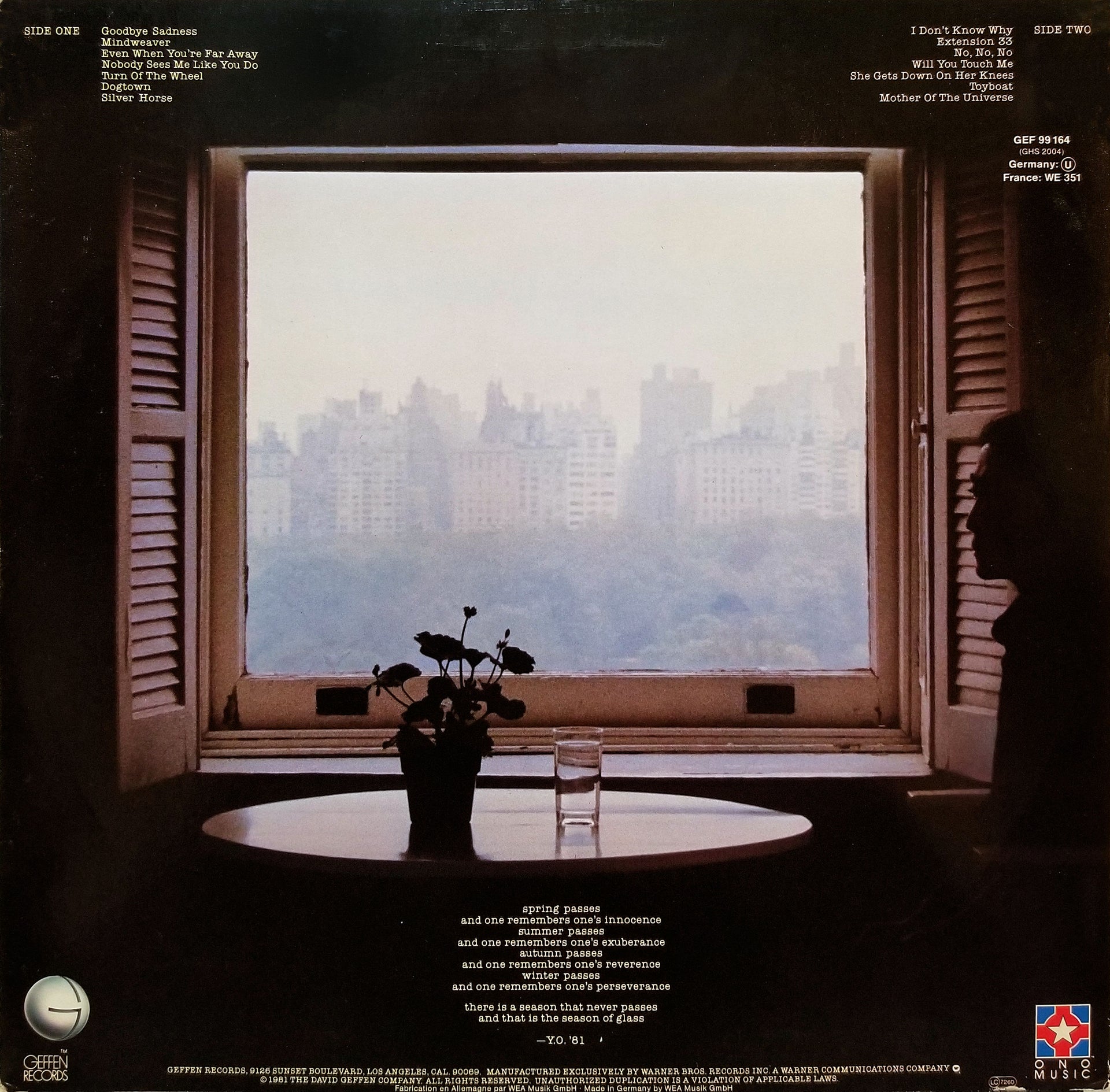 Back Cover: Yoko Ono – Season Of Glass Vinyl LP | Relix
