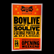 Bowlive featuring George Porter Jr. and DJ Logic Brooklyn Bowl Nashville poster showcasing colorful illustrated musicians and venue details
