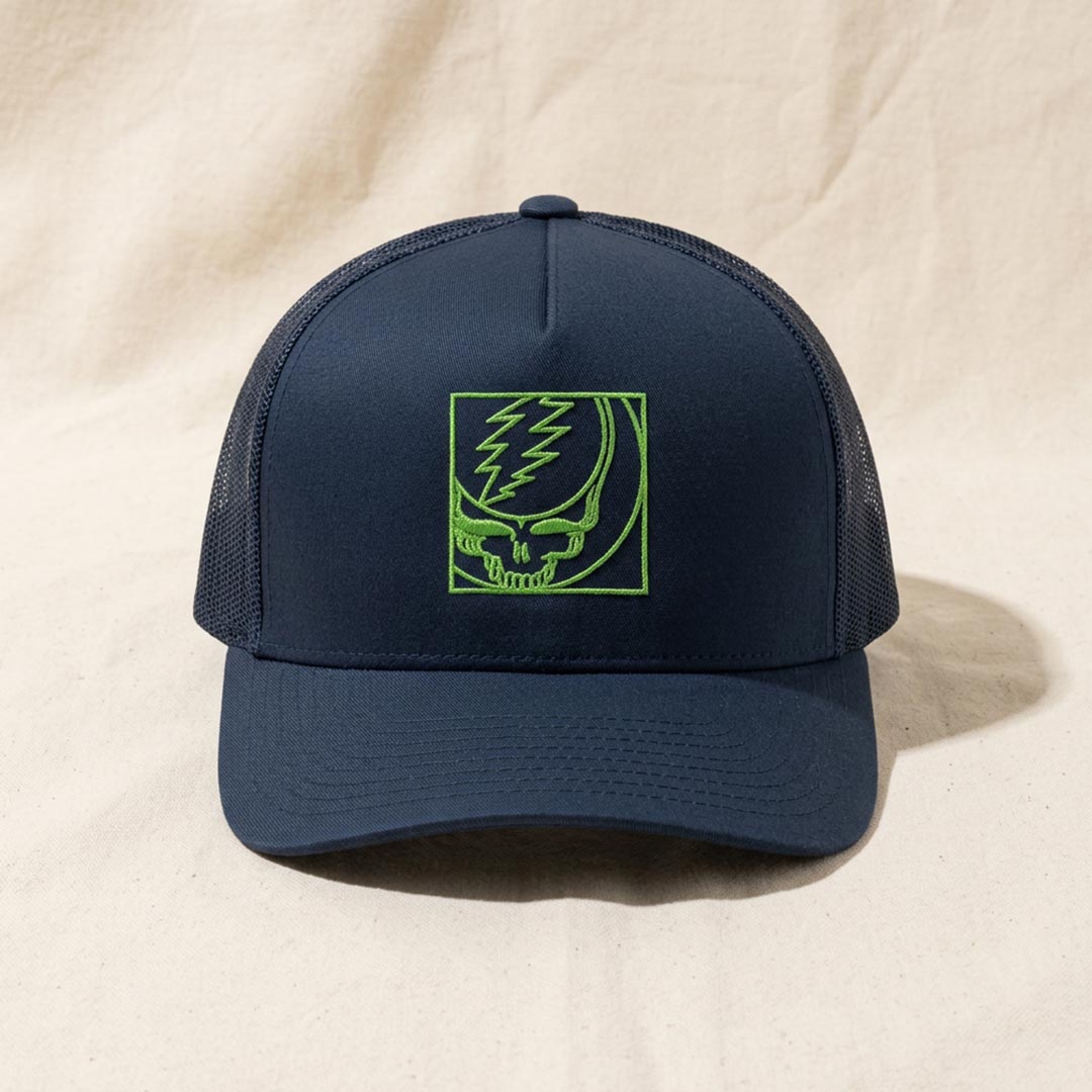 Embroidered Crop Stealie Trucker Hat in Navy — Officially licensed Grateful Dead Hat from Relix