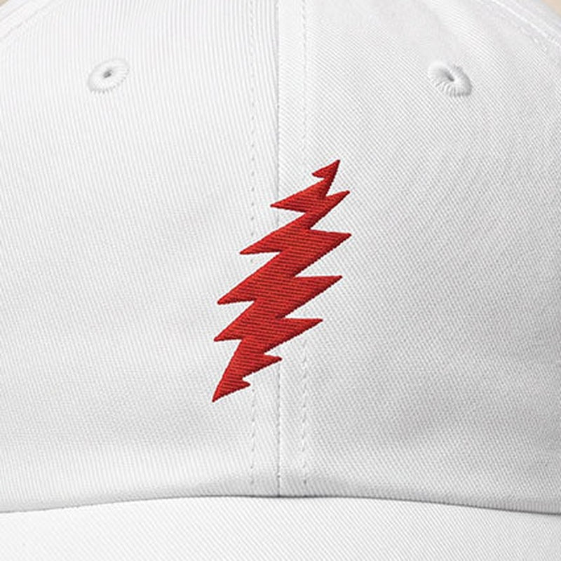 Close-up of the design on the Grateful Dead Embroidered Red Bolt Dad Hat - White