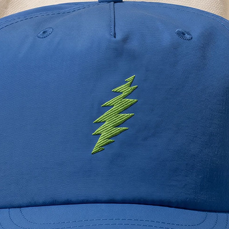 Close-up of the design on the Grateful Dead Embroidered Lime Bolt Surf Hat - Bright Royal